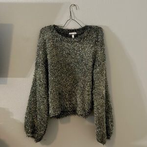 leith nordstrom metallic tinsel silver gold oversized balloon sleeve sweater S